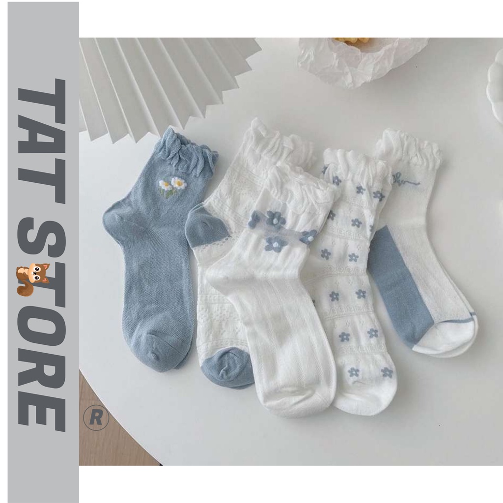 Tất cổ cao nữ cổ nhún bèo màu trắng xanh dương Hàn Quốc cute phong cách TẤT STORE 7CCF5
