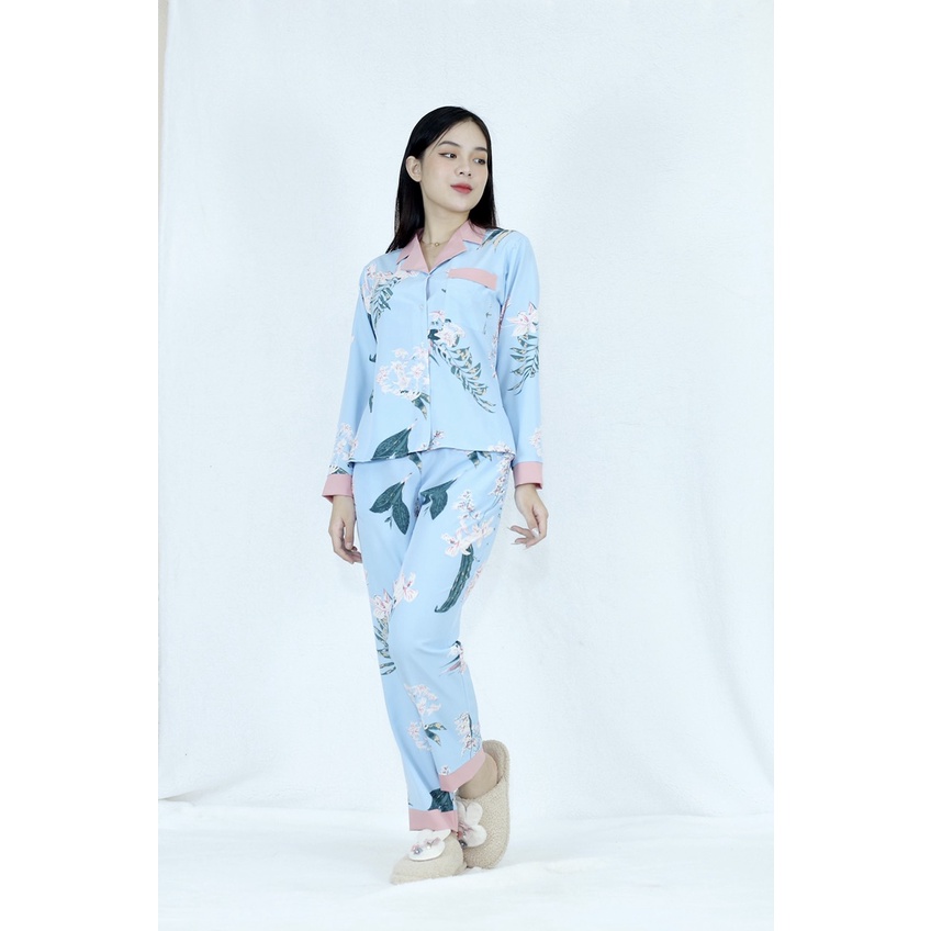 [HÌNH THẬT 100%] Bộ đồ Pijama nữ dài họa tiết NỀN XANH HOA LÁ- vải siêu lụa cao cấp - Cực Kì Sang Chả