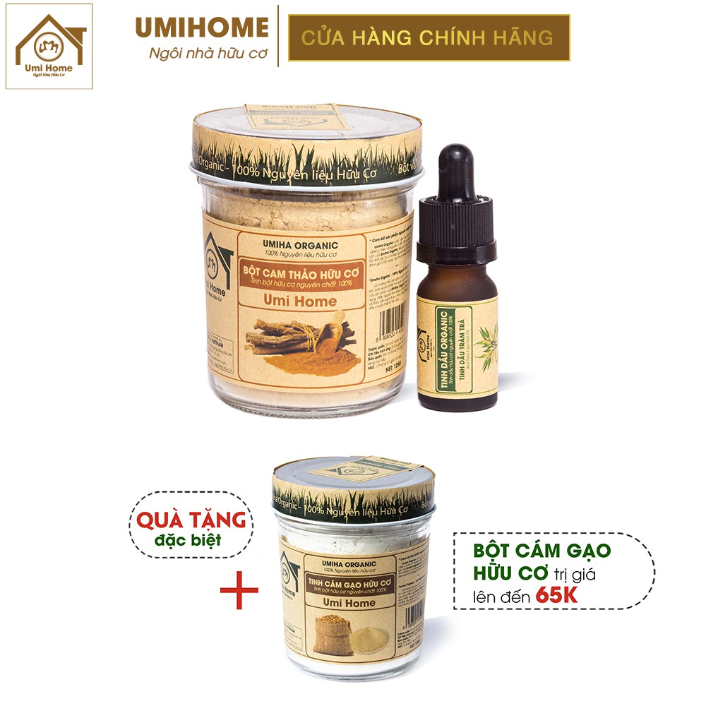 Combo xử lý mụn bọc và mụn ẩn, ngừa thâm cho da  UMIHOME gồm Dầu Tràm Trà 10ml, Bột Cam Thảo 125g. Tặng Bột Cám Gạo 125g