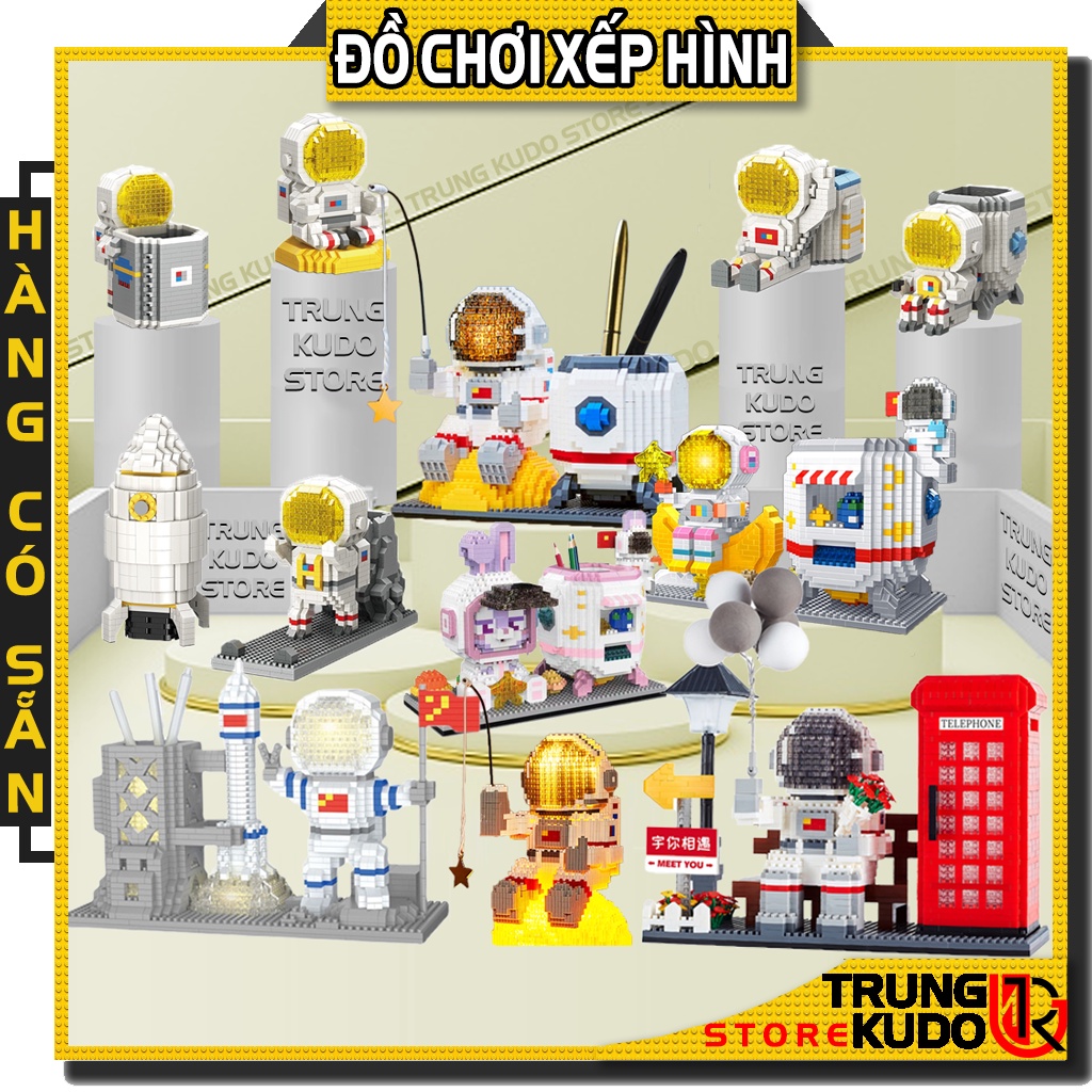 Mô hình Phi hành gia hộp bút có đèn và hộp để bút dạng Đồ chơi xếp hình dùng làm quà tặng, đồ decor