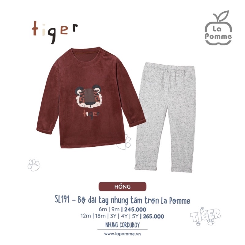 SL191 Bộ quần áo dài tay bé trai, bé gái La Pomme nhung tăm trơn