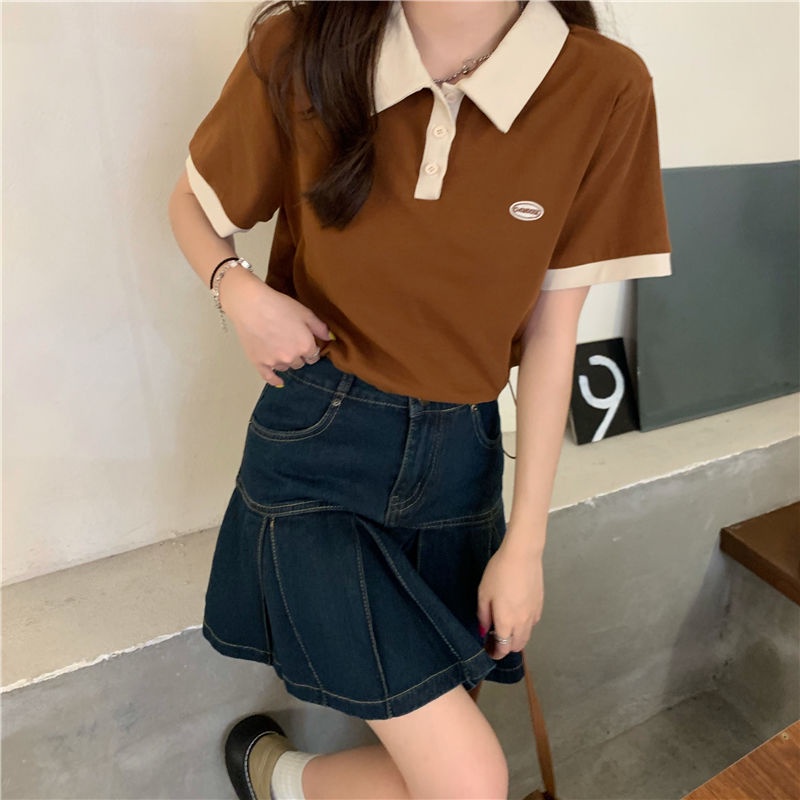 COZOK Áo polo Ngắn Tay Ôm Dáng Xinh Xắn Theo Phong Cách retro