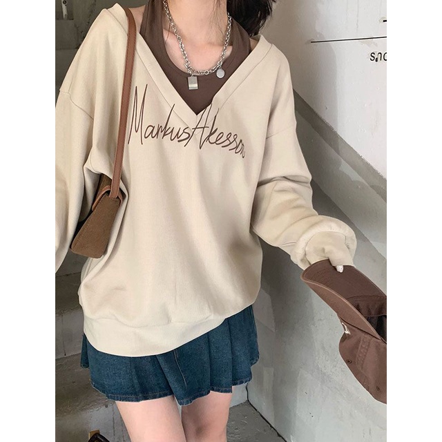 COZOK Áo Sweater Tay Dài Cổ Chữ V In Chữ Phong Cách Vintage