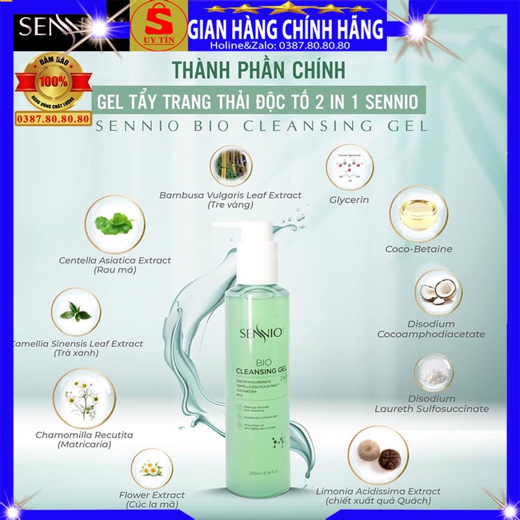 Nước tẩy trang không cồn dạng gel kiêm sữa rửa mặt tốt chính hãng Sennio hàn quốc cho da dầu mụn khô nhạy cảm bio xanh