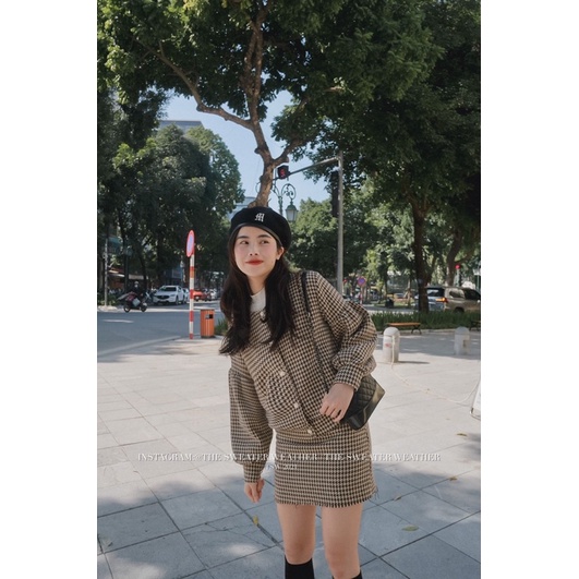 (Ảnh thật) Set áo dạ cài cúc tay bồng kèm chân váy SUÔNG hoạ tiết răng cưa the.sweaterweather TSW