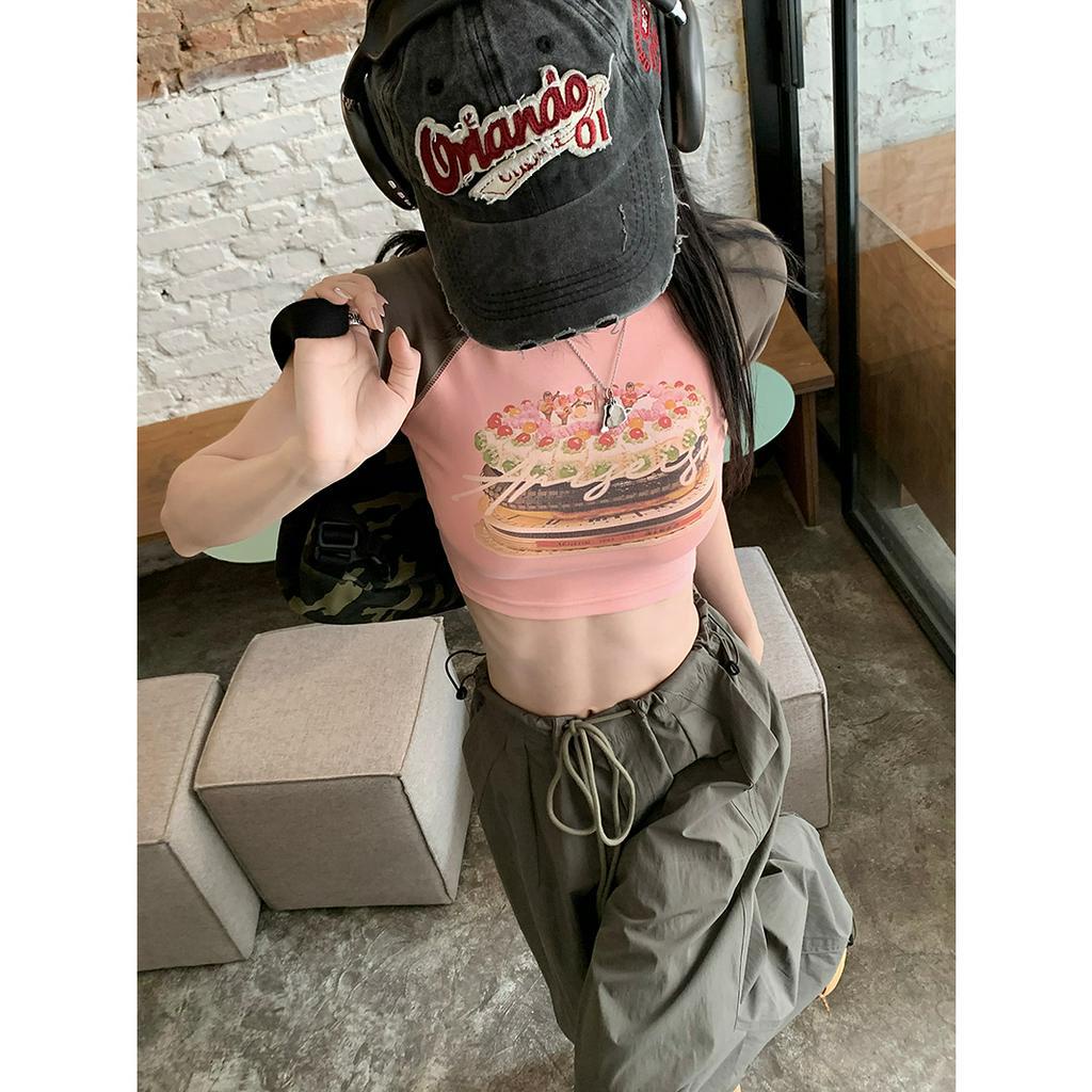 Áo Thun Ngắn Mỏng Dáng Rộng Thiết Kế Dây Rút Phong Cách retro Mỹ Cho Nữ