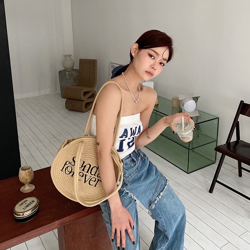 Túi cói cao cấp hình tròn thêu chữ Sunday Forever phong cách hiện đại trẻ trung
