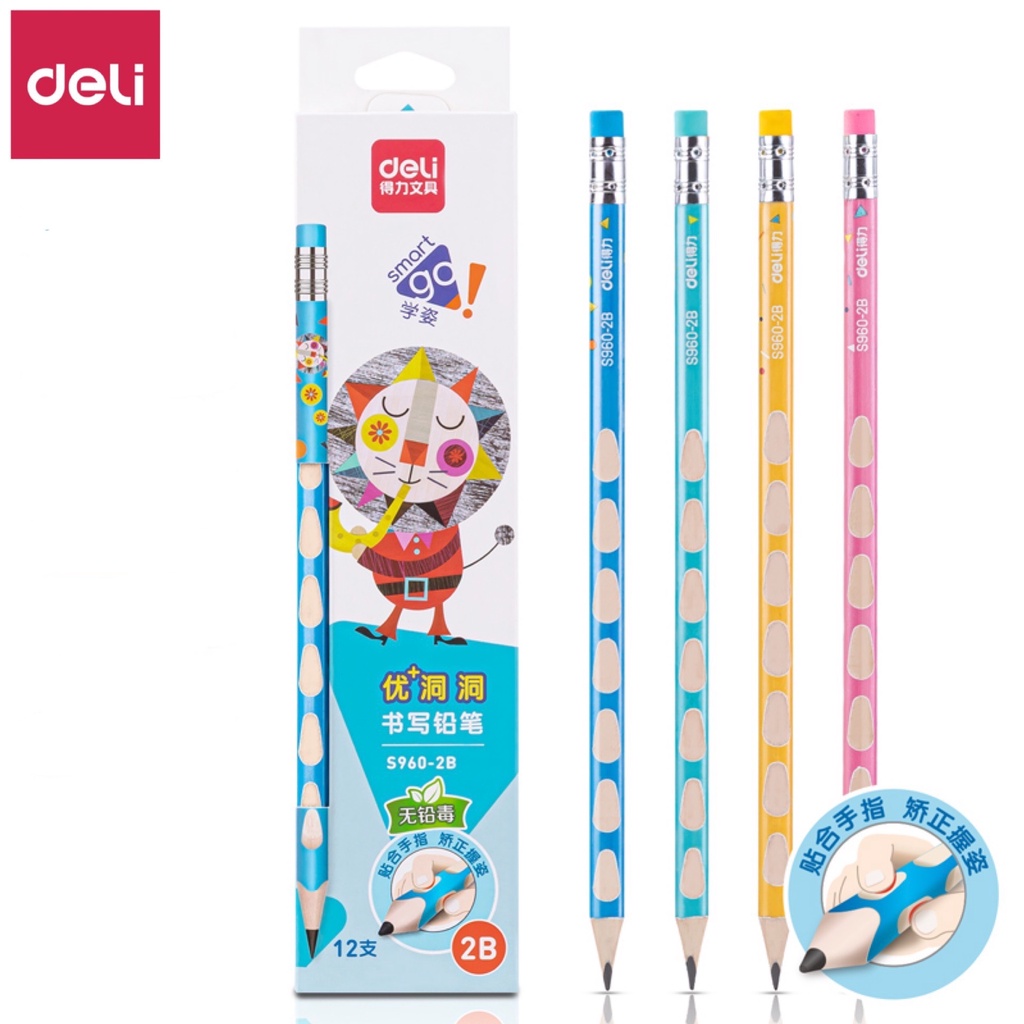 Hộp 12 bút chì định vị tay kèm đầu tẩy Deli - S960 HB/2B