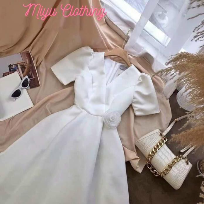 Váy đẹp dự tiệc đỏ đầm trắng sang trọng nữ đi tiệc cổ tim dài dáng xòe tay phồng Miyuclothing