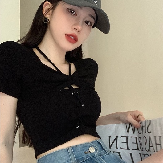 Áo croptop ZHELIHANGFEI dệt kim tay ngắn tạo kiểu nơ độc đáo quyến rũ dành cho nữ