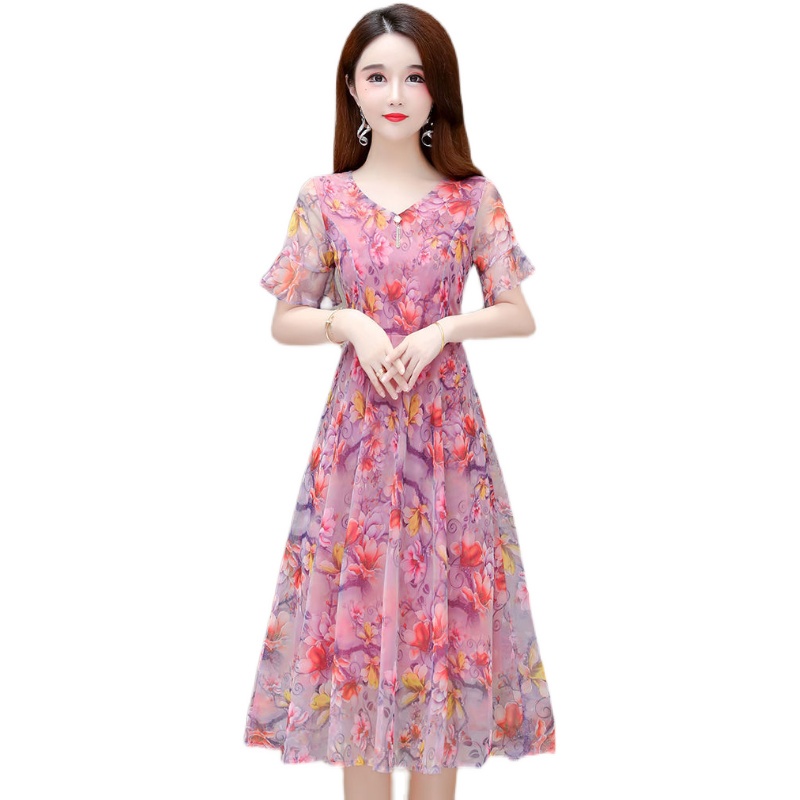 Đầm Chiffon Mỏng Tay Ngắn Che Bụng In Họa Tiết Kim Cương Phong Cách Phương Tây Thời Trang Mùa Hè Mới 2022 Cho Phụ Nữ Trung Niên