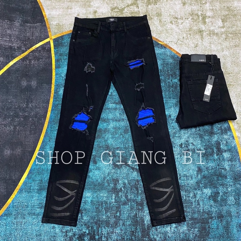 Quần jean vá nhăn xanh khâu viền,quần bò vá gối nhăn amiri dáng slimfit