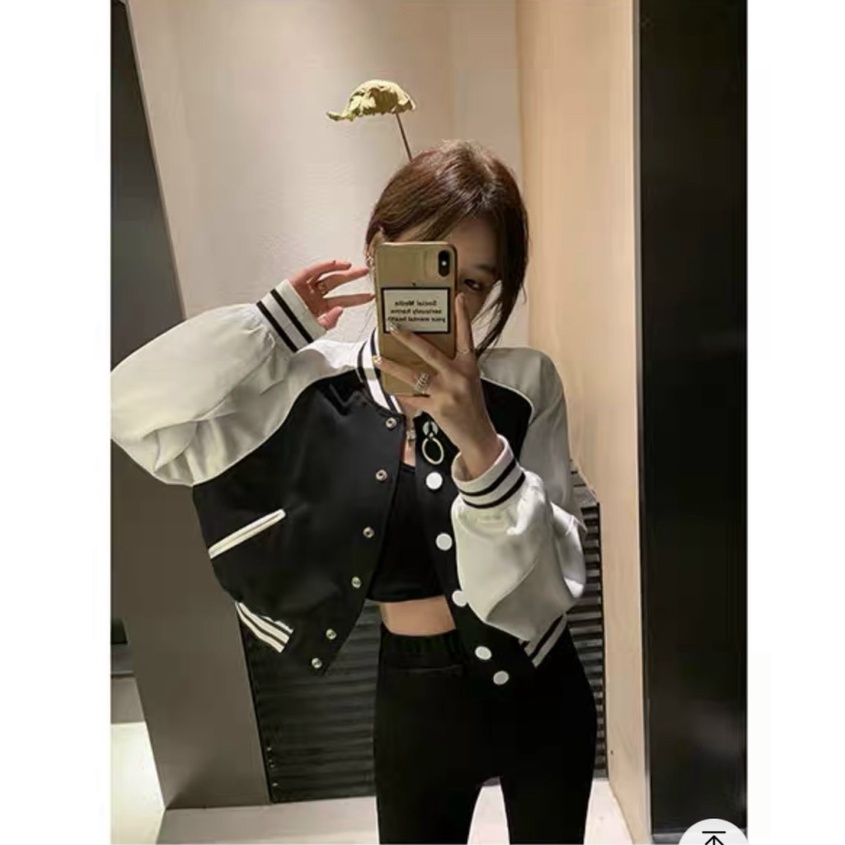 Áo Khoác Bomber Nữ Phối Họa Tiết Phối Viền Thời TRAng Croptop
