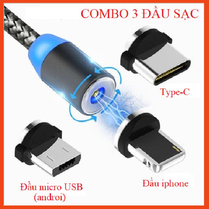 Dây Cáp Sạc Nhanh Nam Châm 3 Đầu Iphone/ micro USB/ Type C Xoay 360 Độ Dây Dù Có LED Cao Cấp