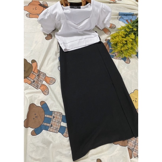 váy dài xẻ đùi kèm áo croptop tay phồng nguyên set dự tiệc dạo phố siêu xinh-S3xưởng 21A