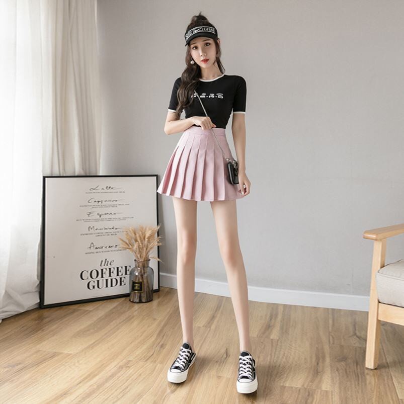 CHÂN VÁY XẾP LY TENNIS SKIRT CHỮ A dáng ngắn HỒNG ĐEN - QUẦN GIẢ VÁY chất đũi dáng tennis