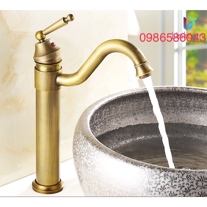 vòi lavabo điếu đồng giả cổ nóng lạnh 30cm, vòi giả cổ, vòi cổ điển,