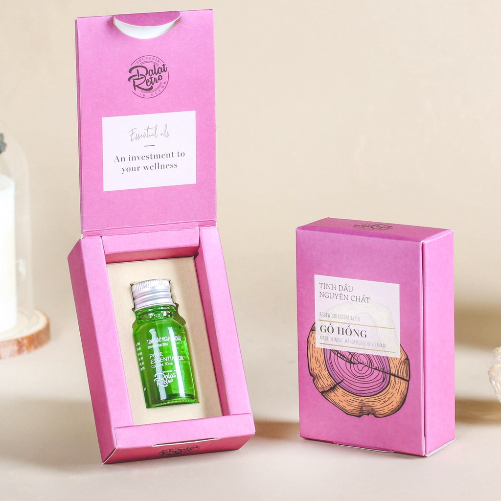 Tinh dầu nguyên chất Dalat Retro, gỗ hồng rose wood, 10ml, hộp, mẫu minimal