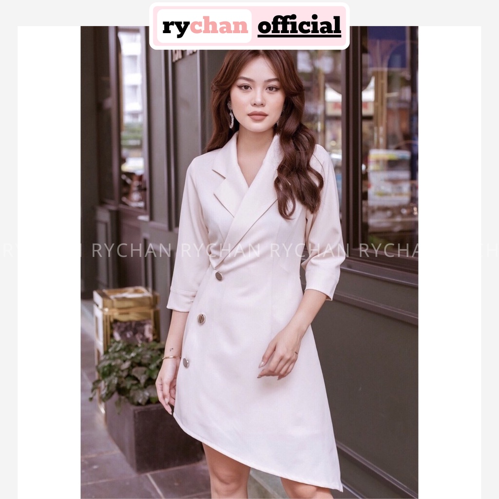 Đầm Xòe Cổ Vest Công Sở Tay Lửng Lệch Tà 3 Màu Trắng Xanh Đỏ - DX512