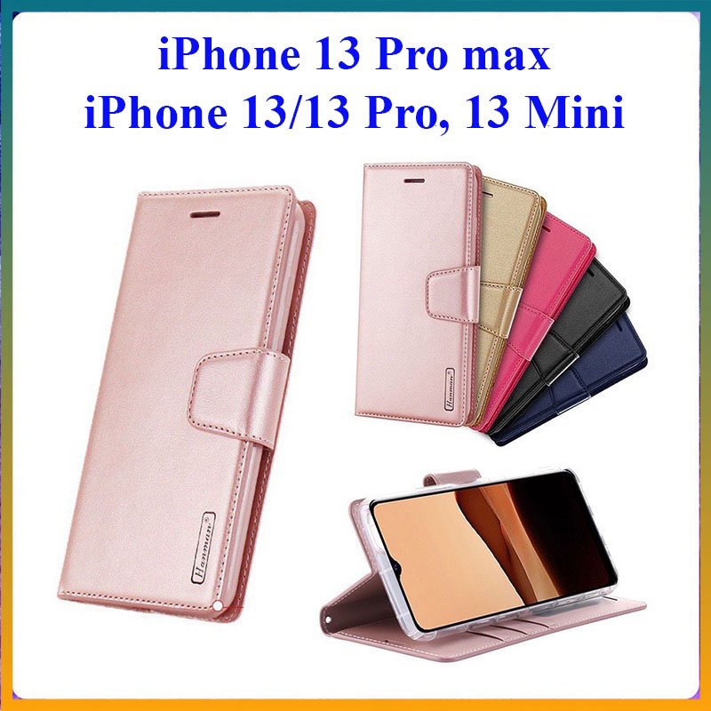 Bao da dạng ví iPhone 13 Pro max, ip 13, 13 Pro, 13 mini hiệu Hanman có nắp gập, ngăn đựng thẻ tiền tiện lợi
