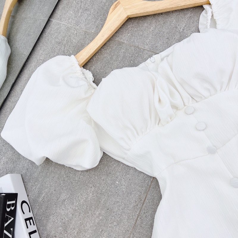 ĐẦM MIDI XƯỢC VẢI NÚT BỌC TAY PHỒNG XẺ TÀ TRƯỚC MS61