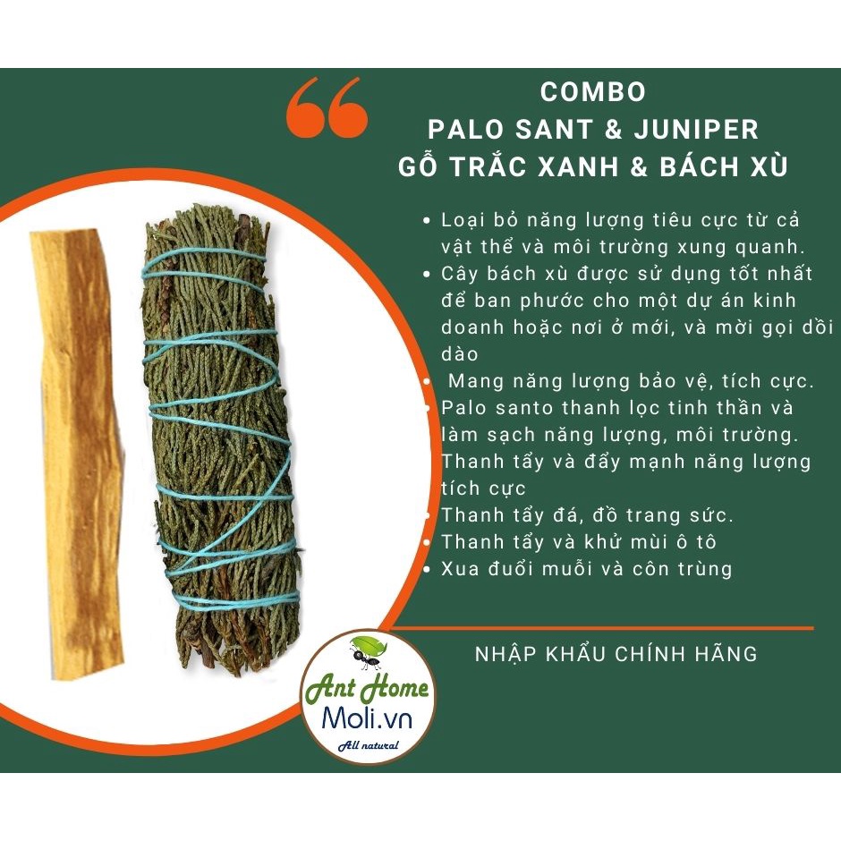 Sét 1 thanh palo santo 10cm và 1 bó bách xù (palo santo and juniper) thảo mộc xông nhà dễ chịu (Combo10)