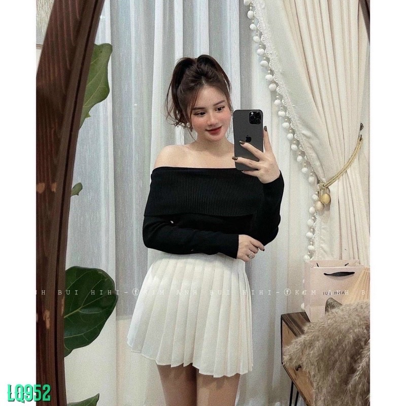 Áo len tăm bẹt vai tay dài siêu xinh Michi , áo kiểu bẹt vai Michi