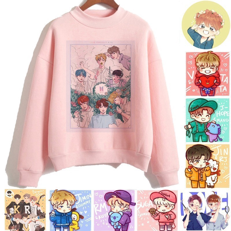 Bts  Spring Autumn Thin Hooded Hoodies Men unisex Fans Supportive Kpop Sweater Áo khoác thun Áo len dài tay áo nỉ