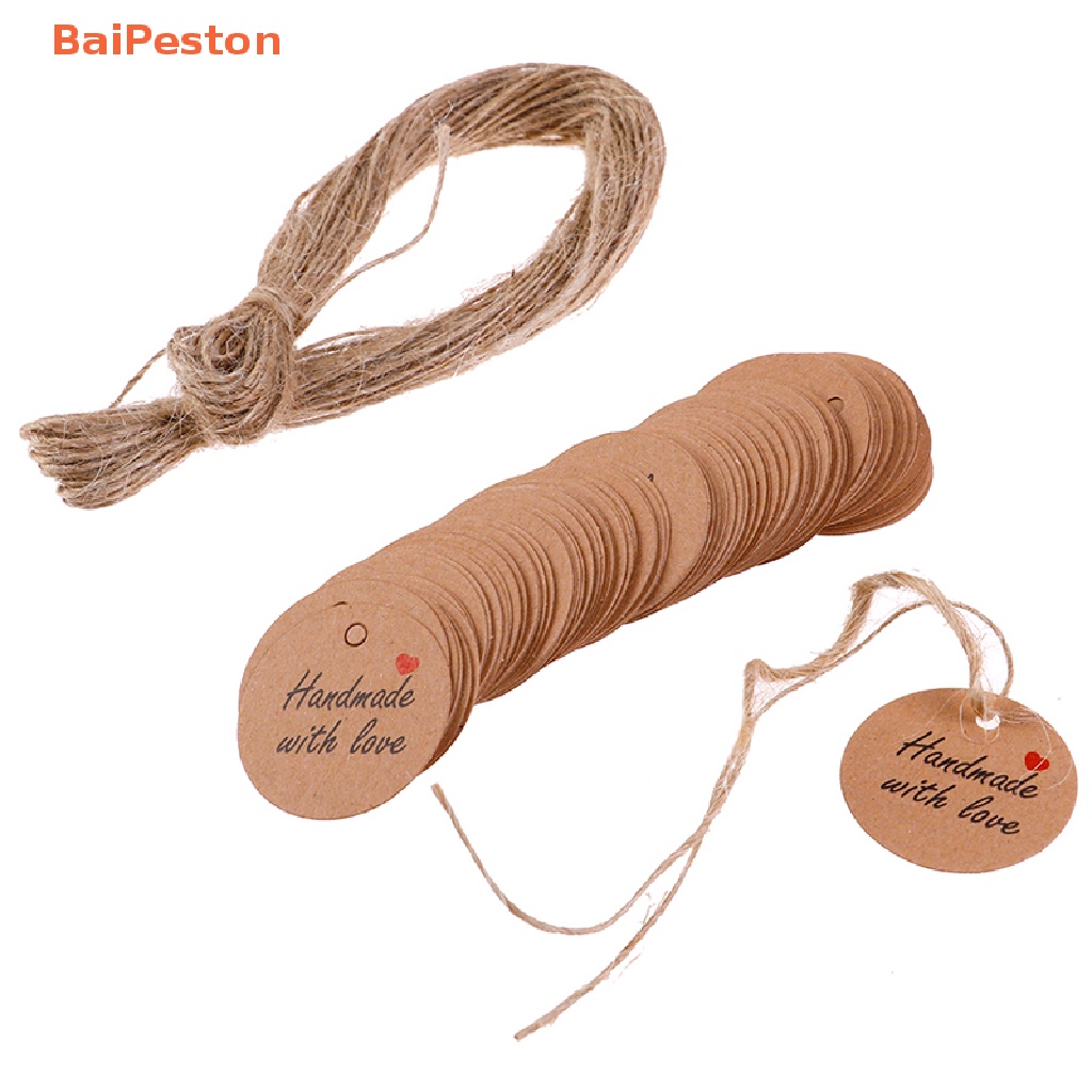 Set 100 Thẻ Giấy Kraft Trơn In Chữ Handmade with Love Kèm 20m Dây Treo