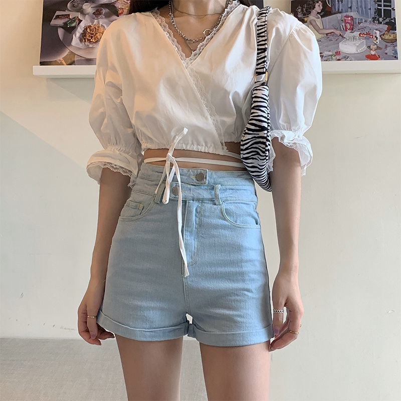 Quần Đùi denim Lưng Cao Phong Cách retro Hàn Quốc Cho Nữ