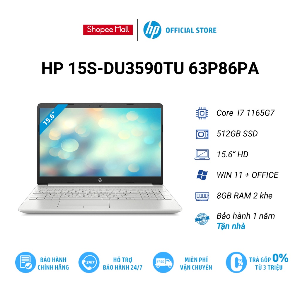 [ELHP15 giảm 10%] Laptop HP 15s-du3590TU 63P86PA i7 1165G7 | 8GB RAM | 512GB | 15.6&quot;HD | Win11