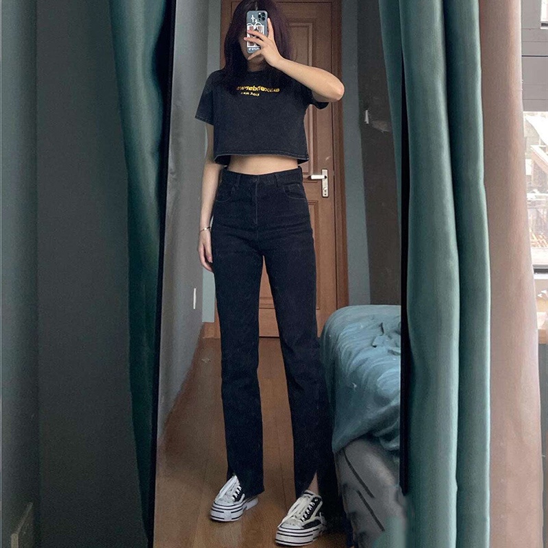 IELGY Quần jean đen lưng cao dáng rộng xẻ tà phong cách cổ điển Hàn Quốc cho bạn nữ