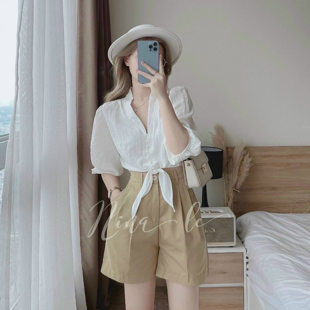 Sét Bộ Nữ Thời Trang Mặc Đi Chơi, Sét Bộ Lụa Áo Tay Lỡ Cổ V Cột Nơ Mix Quần Đùi Phong Cách Hàn Quốc