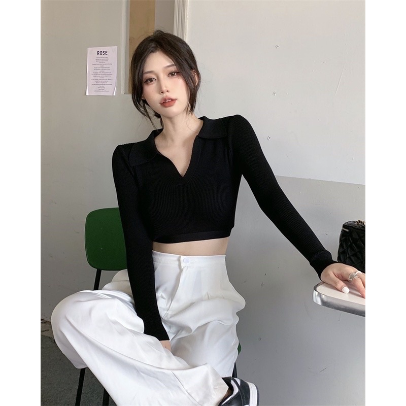 Áo Croptop Tay Dài PINKSTORE29 Kiểu Cổ Bẻ, Dáng Ôm Body A505499 | BigBuy360 - bigbuy360.vn