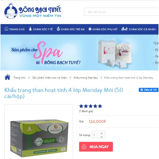 Khẩu trang Meriday 4 lớp than hoạt tính hộp 50 cái - Chính hãng Bông Bạch Tuyết có màng co bảo vệ hộp