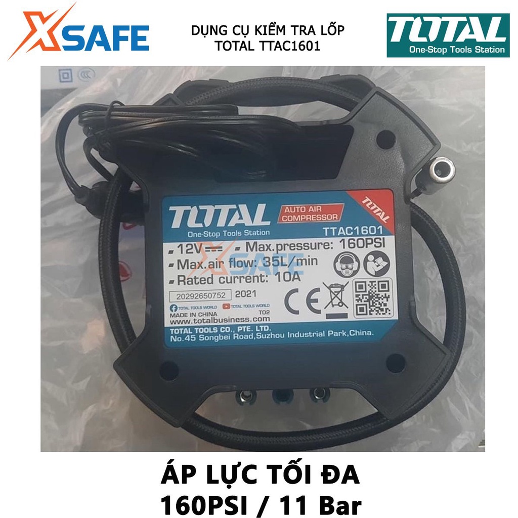 Máy bơm hơi lốp xe ô tô TOTAL TTAC1601 lưu lượng tối đa 35l/ph, dây điện dài 3m, kèm 1 đèn LED, 3 khớp nối tiện lợi