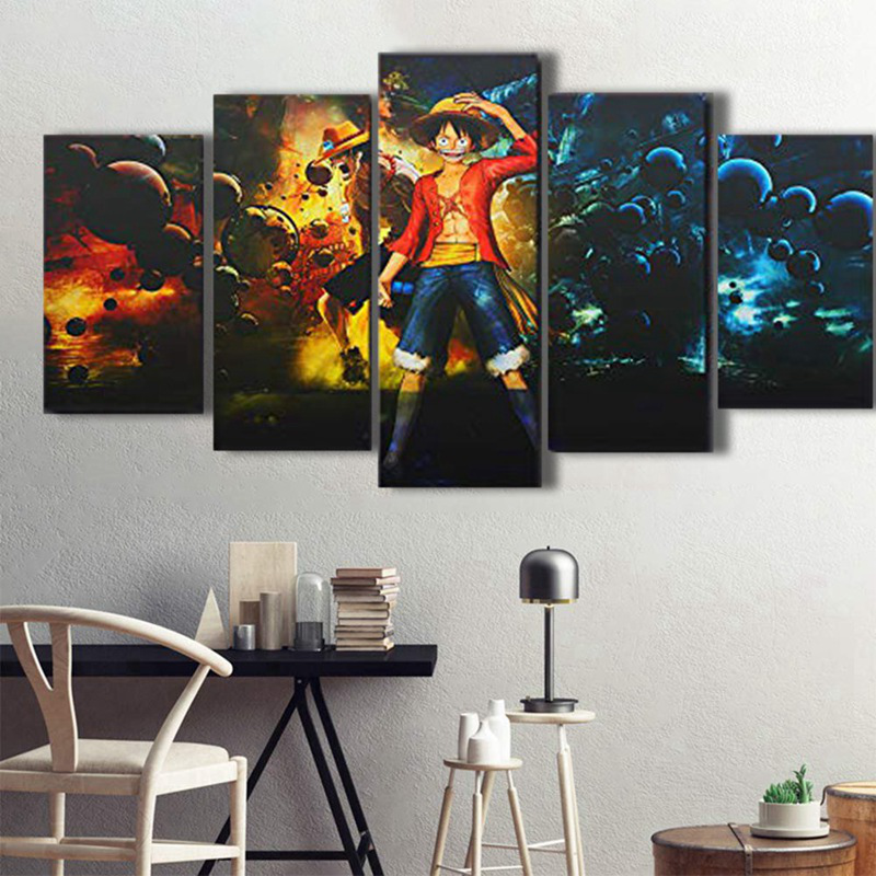 Bộ 5 tấm áp phích tranh treo tường vải canvas in hình one piece dễ thương