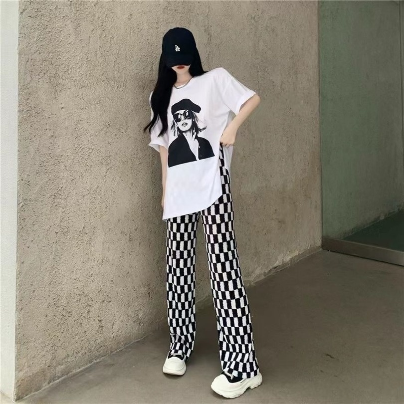 Set Áo Thun Ngắn Tay + Quần Dài Ống Rộng Lưng Cao Thời Trang Cho Nữ