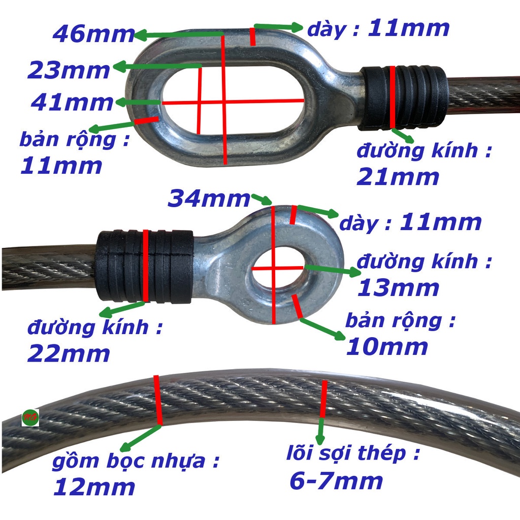 Dây cáp khoá xe dài 8 mét lõi thép bọc nhựa 12mm Mars One công nghệ Đài loan ( có phân loại kèm ổ khóa )