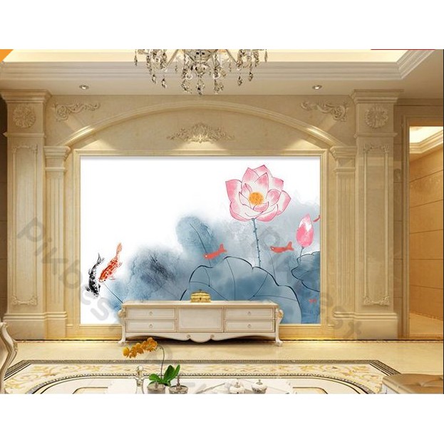 Hoa sen thanh lịch lá sen cá chép,Tranh 3d dán tường hiện đại trang trí phòng khách phòng ngủ(tích hợp sẵn keo)MS1102880