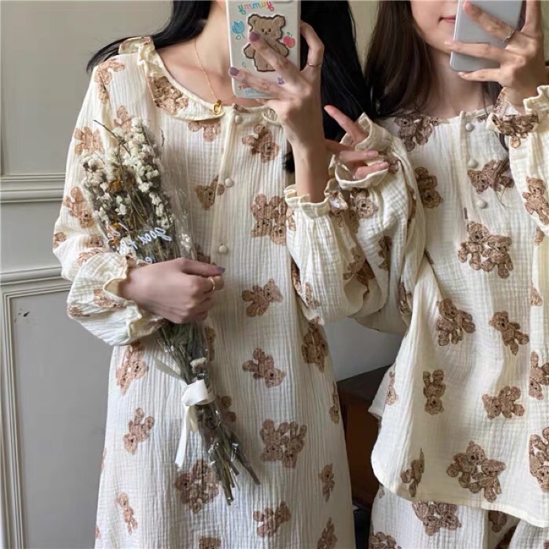 SET BỘ MẶC NHÀ / VÁY PIJAMA XÔ MUSLIN GẤU CAO CẤP