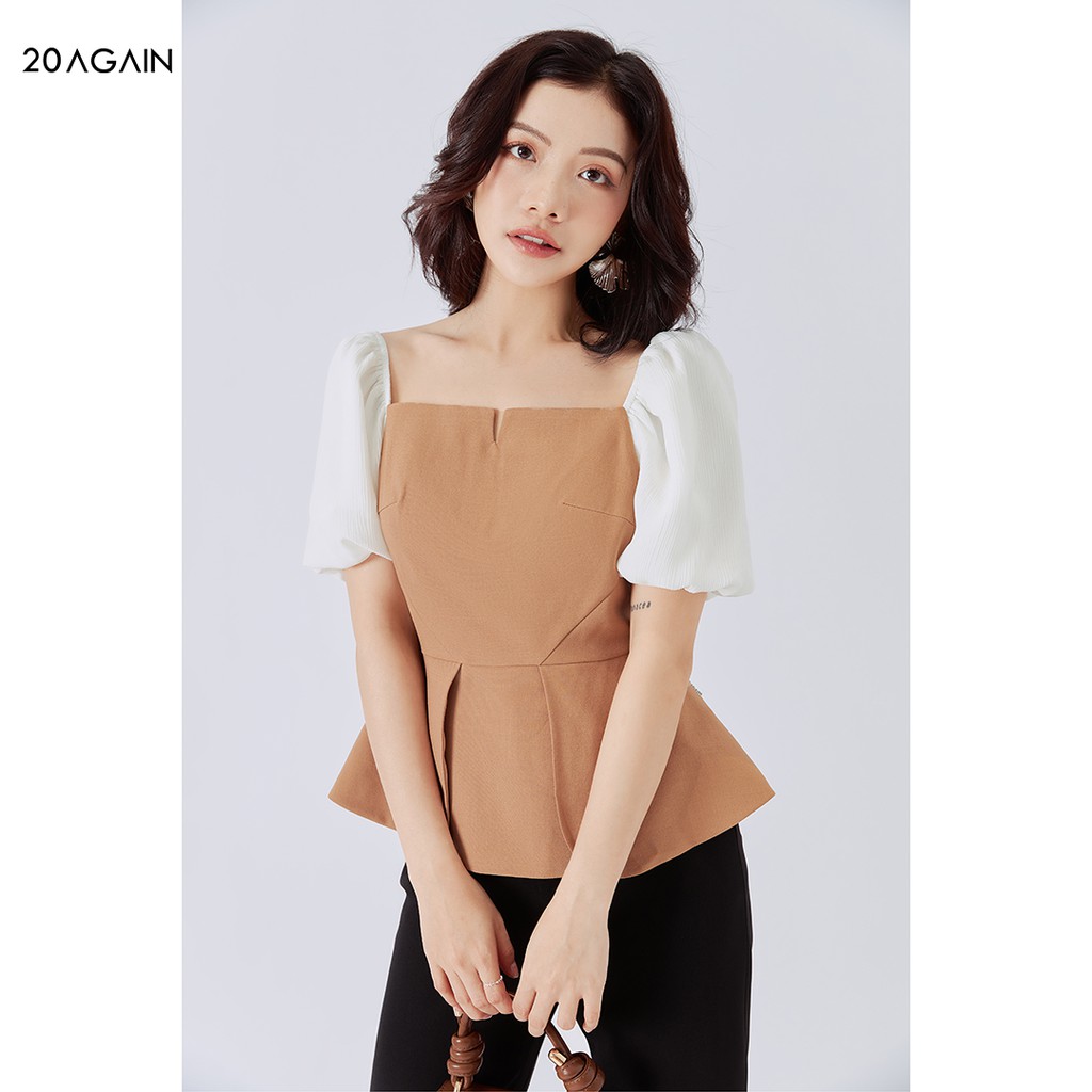 Áo sơ mi nữ peplum 20AGAIN, thiết kế cổ mở V hiện đại, vải voan cao cấp ASA1100