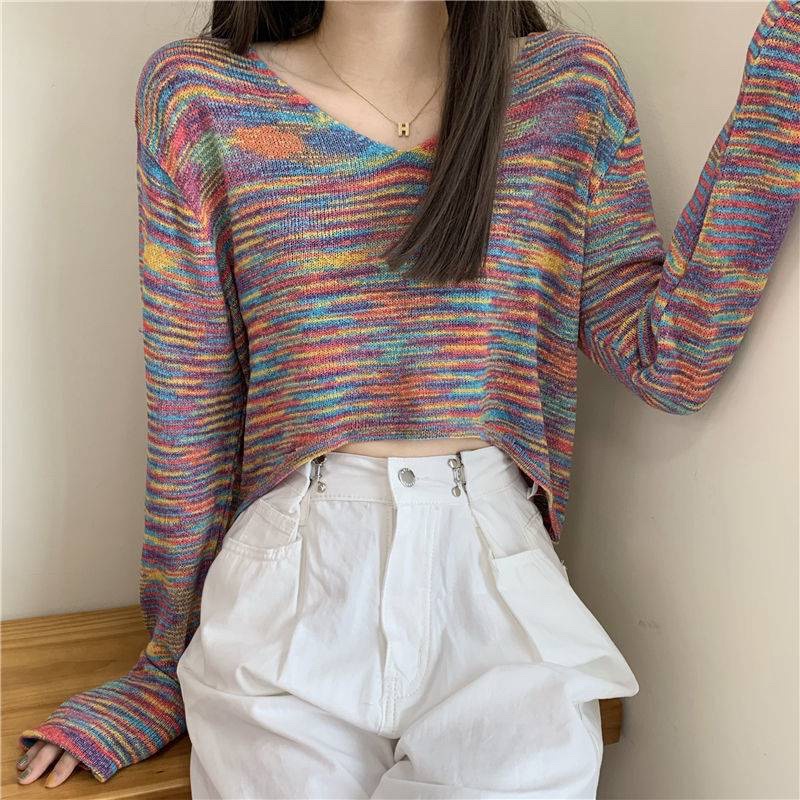 Áo len nữ dài tay loang màu cổ tim hớt vạt phong cách HQ mã mới 2022
