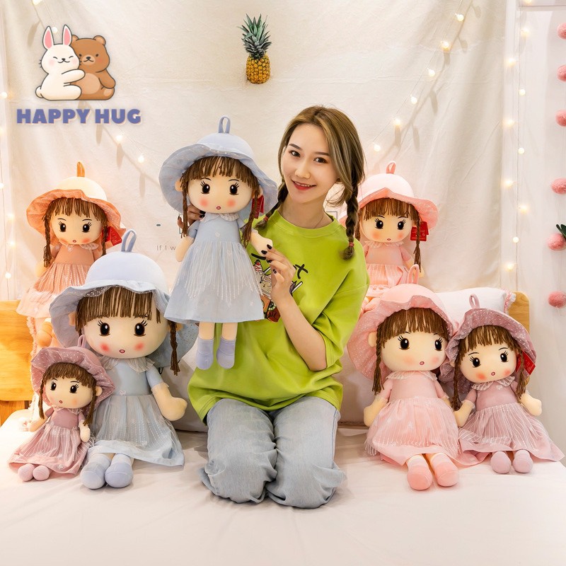 Đồ chơi gấu bông búp bê vải có tóc váy thô mềm 2 lớp size 50/70cm, búp bê nhồi bông đáng yêu cho bé gái - Happy Hug