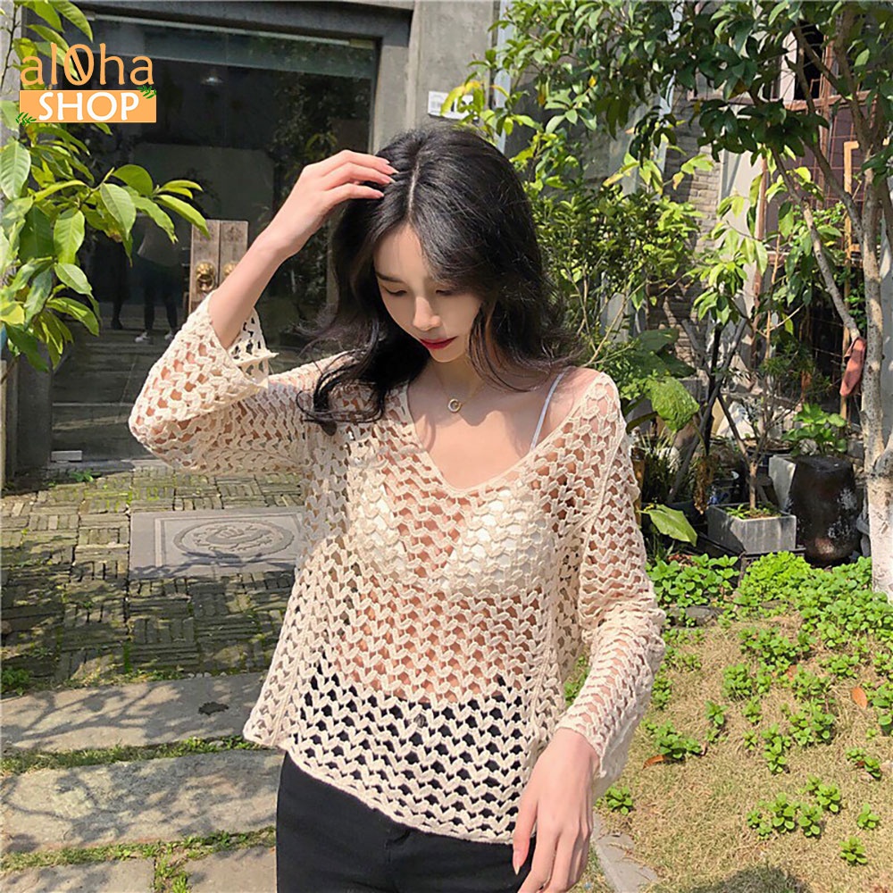 Áo ren lưới đi biển, đi chơi cổ tim mặc ngoài áo dây, váy, đồ bơi Freesize form dưới 60kg - al0ha Shop