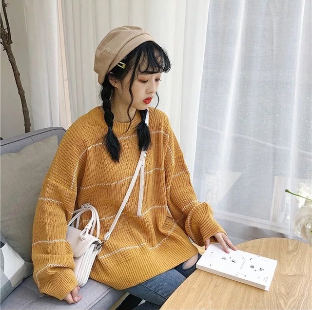 (CÓ SẴN) Áo len vàng sọc ngang phối trắng