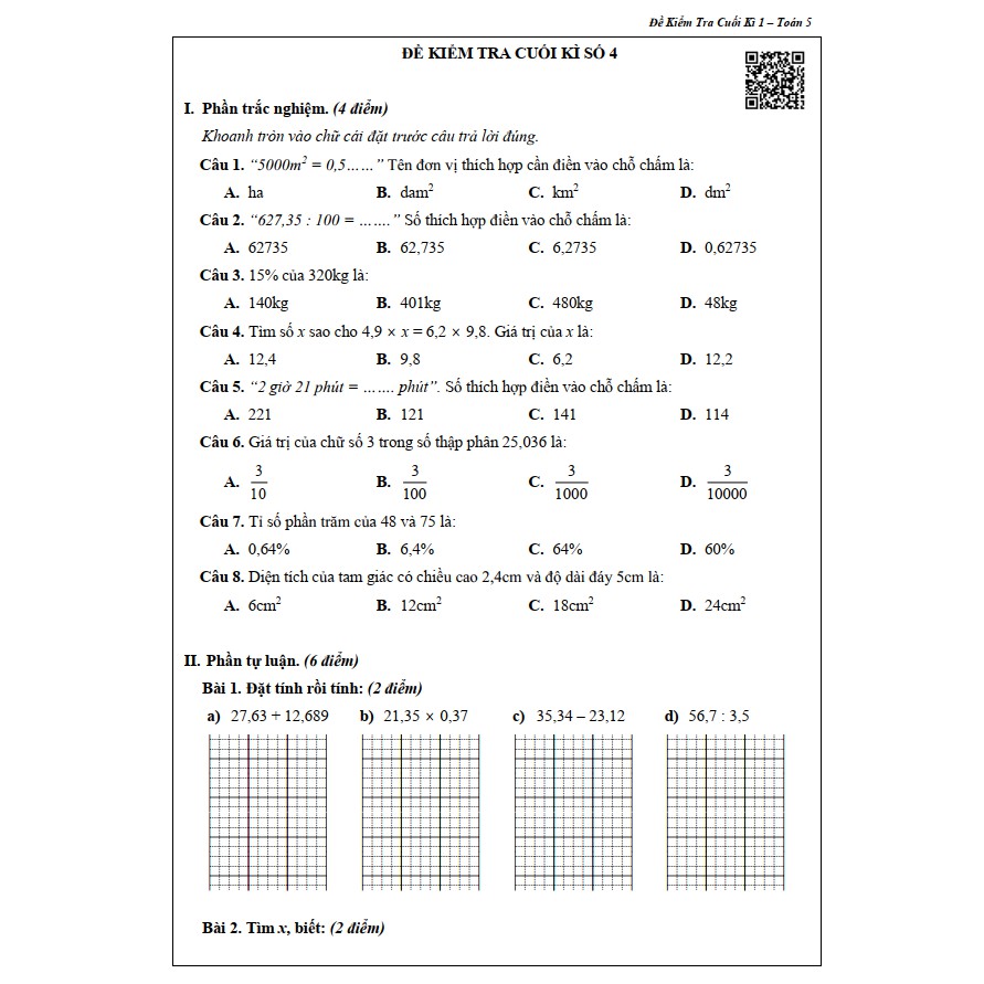 Sách - Đề Kiểm Tra Toán 5 - Học Kì 1 (1 cuốn)