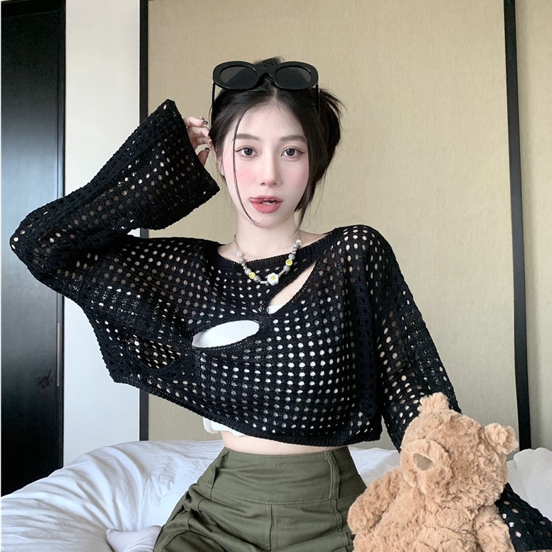 Áo croptop nữ Leeva Shop vải len đan xẻ cách điệu A386