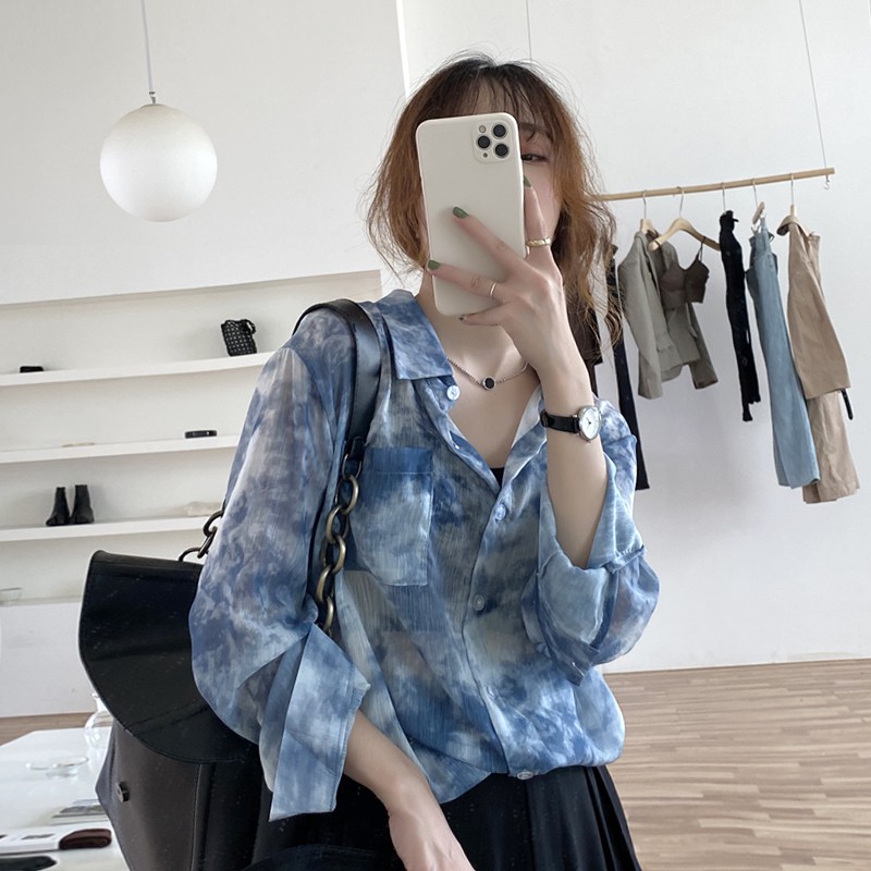 [Mã WASKT304 giảm 15% tối đa 30K đơn 99K] Áo Sơ Mi họa tiết unisex loang màu xanh dương dáng rộng cá tính, siêu đẹp | BigBuy360 - bigbuy360.vn