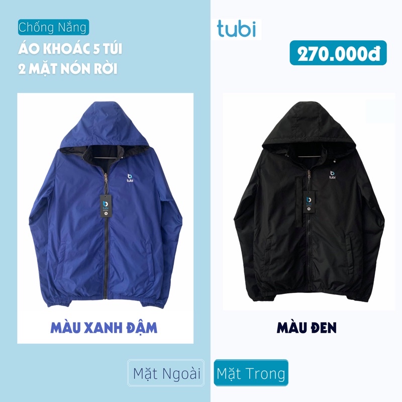 Áo khoác Tubi 2 Mặt Màu Xanh Đậm Nón Rời
